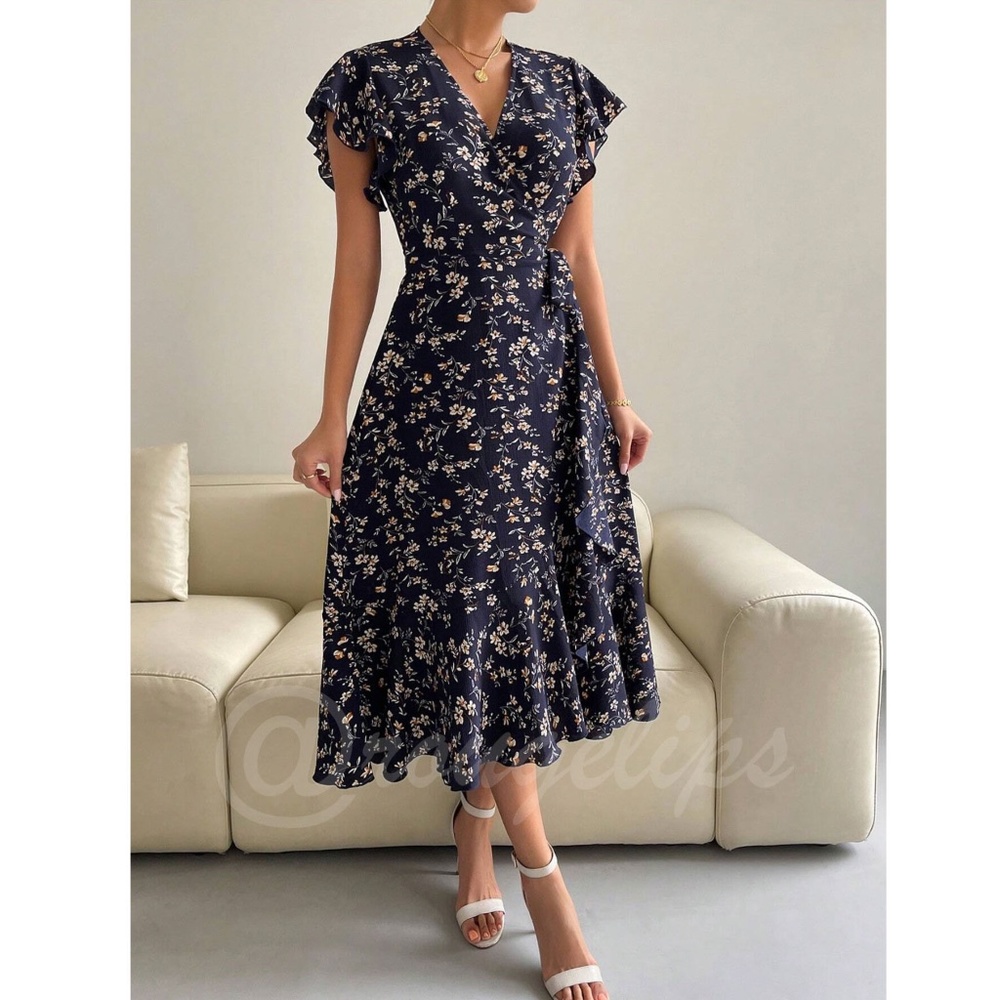 Boho Navy Blue Floral V neck Ruffle Hem Midi Length, A Line Wrap Style - Picture 3 of 10
